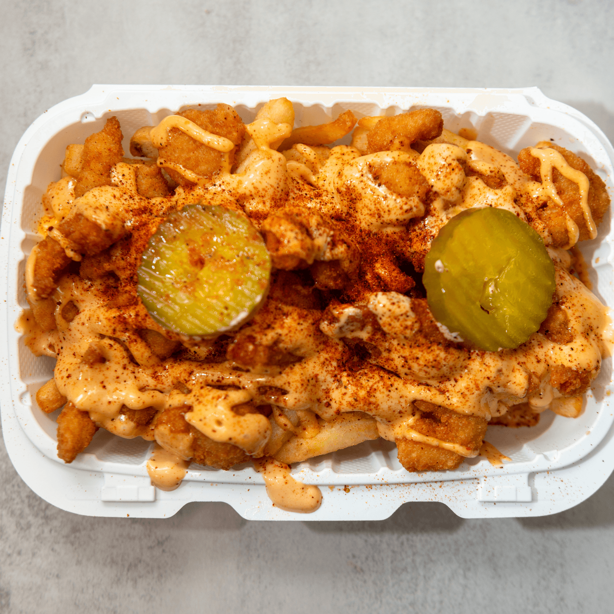 Golden Crispy Shrimp Loaded Fries.