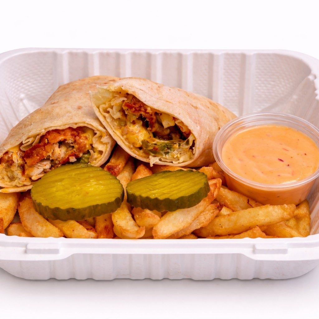 1 chicken tender Wrap w/fries.